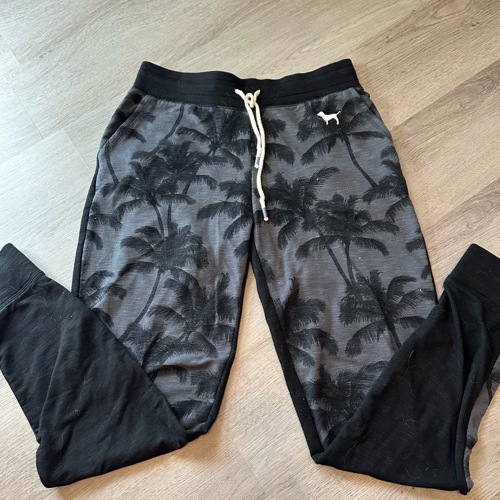 PINK Victoria's Secret Black and Gray Palm Tree Joggers